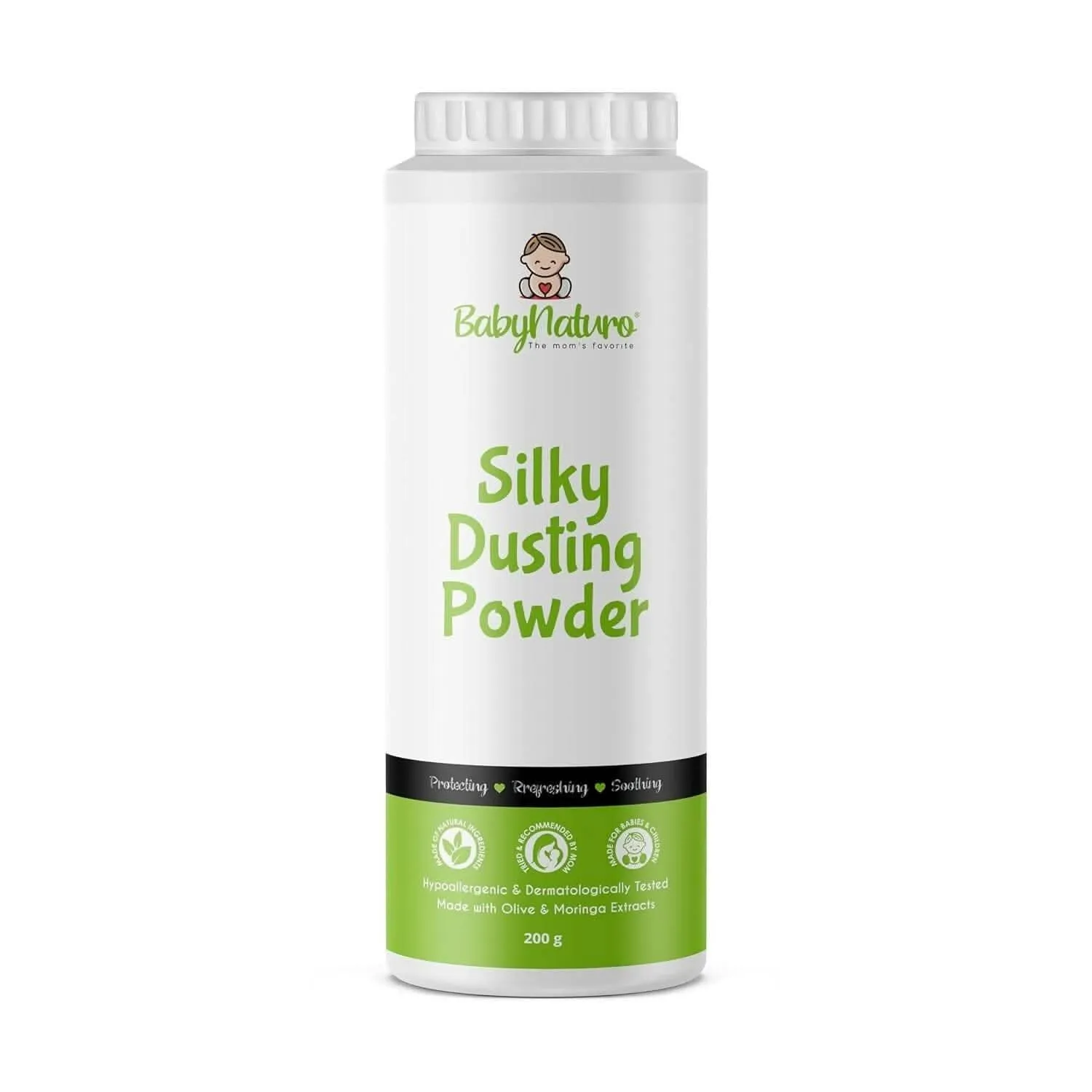 Babynaturo Talc Free Baby Powder Natural Silky Dusting Powder with Corn Starch, Olive Oil (200G)