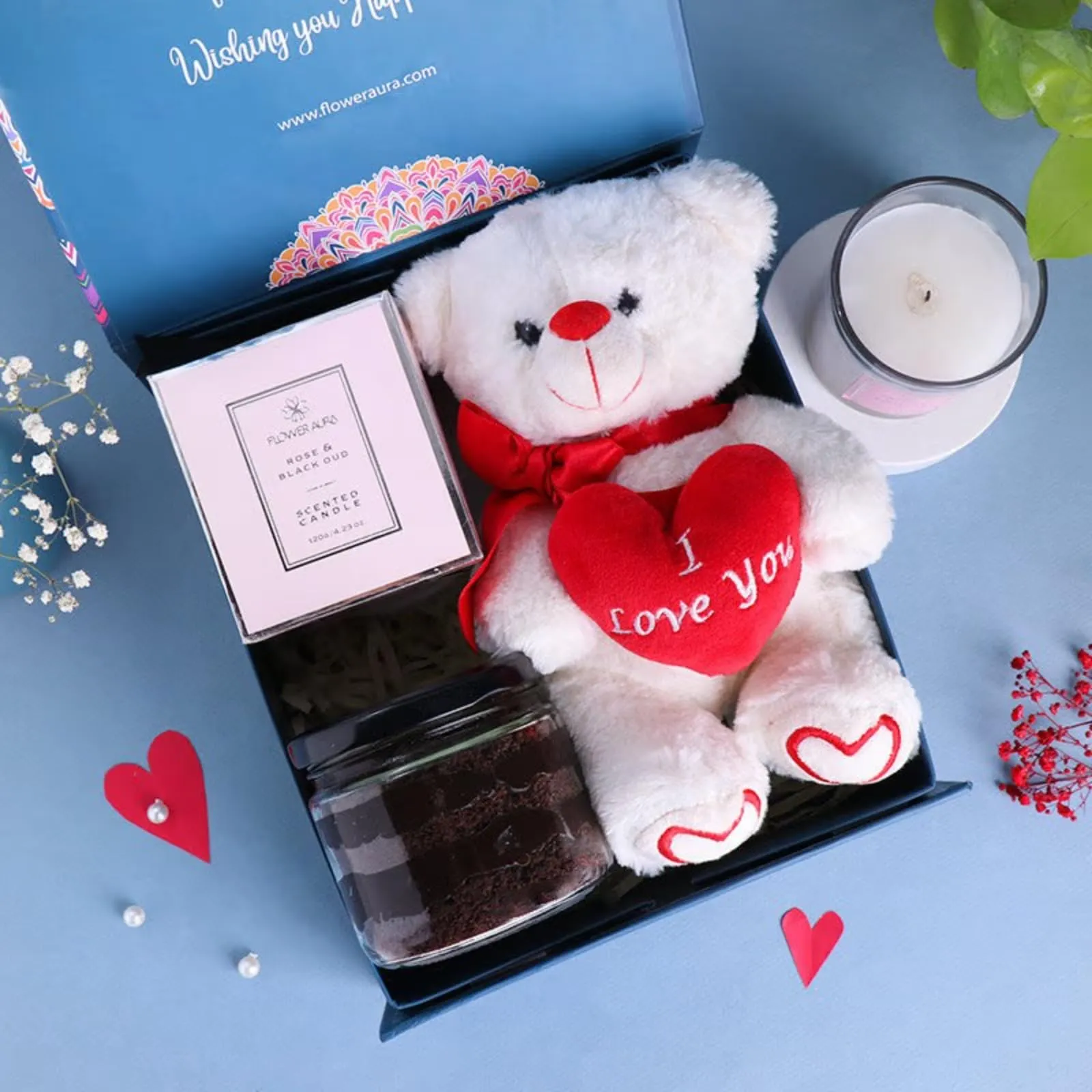 FlowerAura Hamper includes Scented Candle, Chocolate Jar Cake, Love Teddy for Birthday Gift, Anniversary Gift, Mother's Day Gift & Special Occasions Gift (Same Day Delivery)