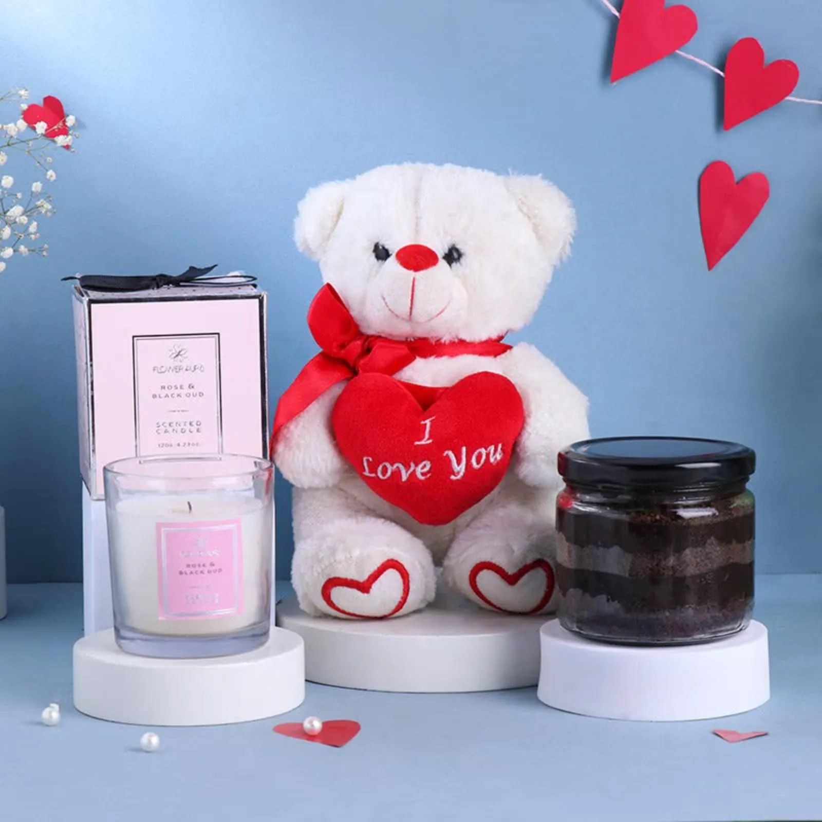 FlowerAura Hamper includes Scented Candle, Chocolate Jar Cake, Love Teddy for Birthday Gift, Anniversary Gift, Mother's Day Gift & Special Occasions Gift (Same Day Delivery)