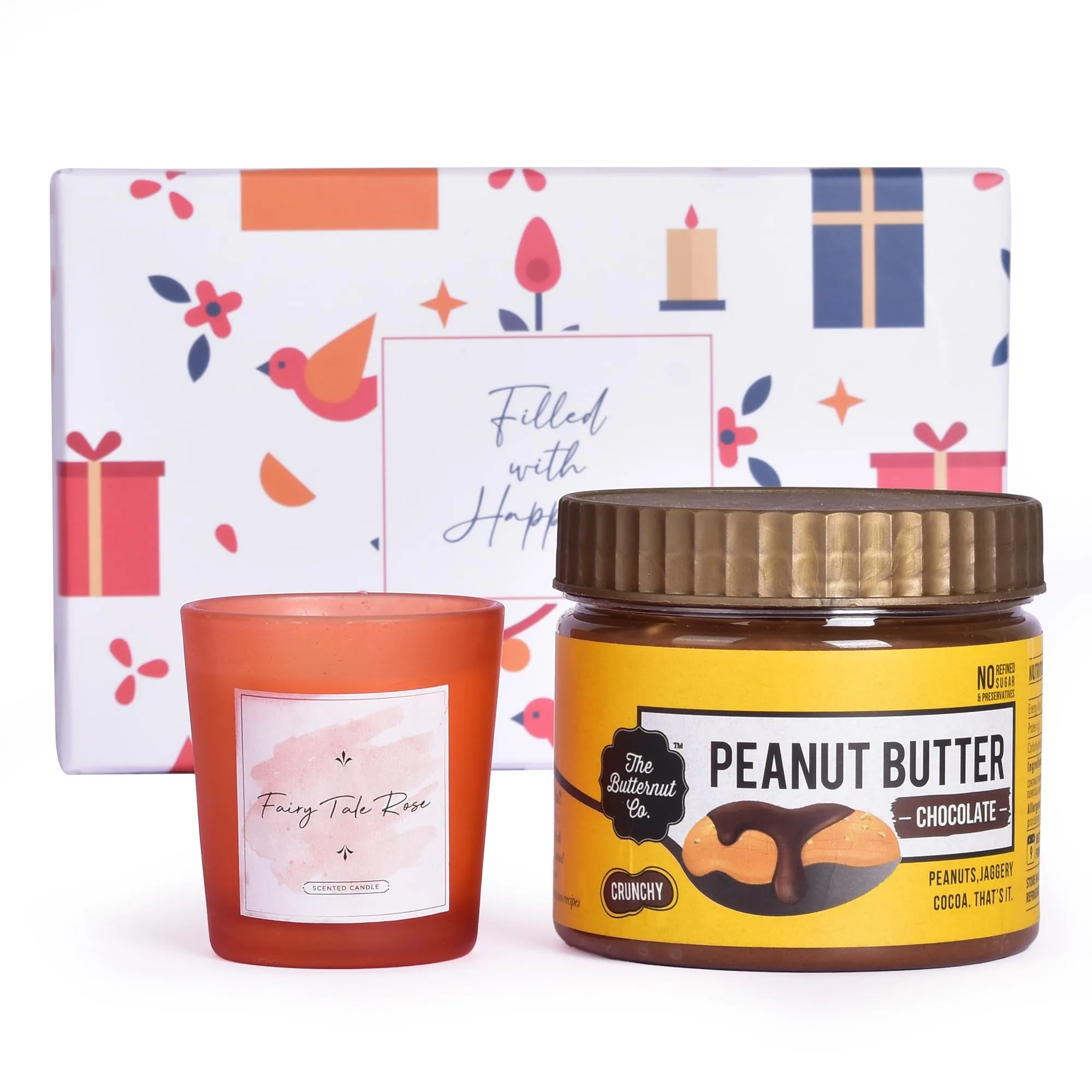 Gleevers Indulgent Delights Gift Set for Housewarming & Diwali|Gift Box of 2 with Peanut Butter(340 gm) & Candle(Fairy Tale Rose,60 gm)|Gift for Housewarming, Diwali Gift Items