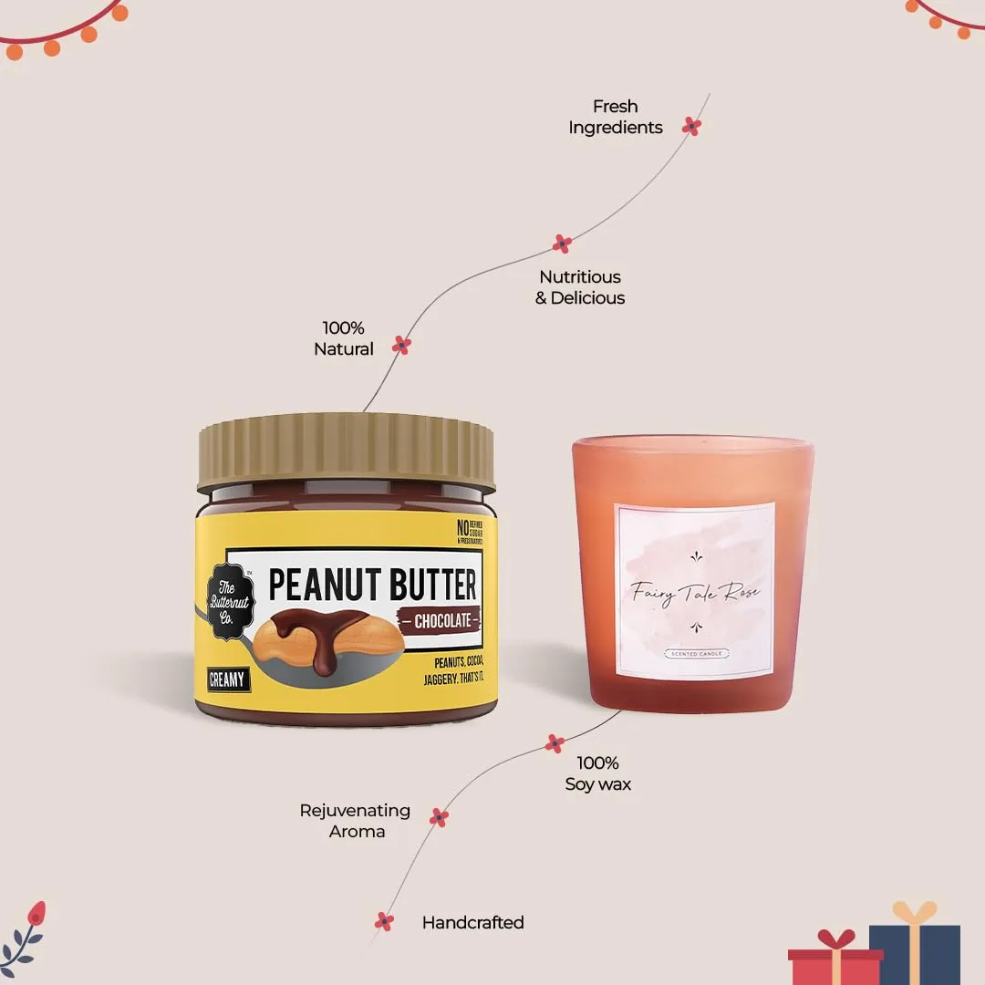 Gleevers Indulgent Delights Gift Set for Housewarming & Diwali|Gift Box of 2 with Peanut Butter(340 gm) & Candle(Fairy Tale Rose,60 gm)|Gift for Housewarming, Diwali Gift Items