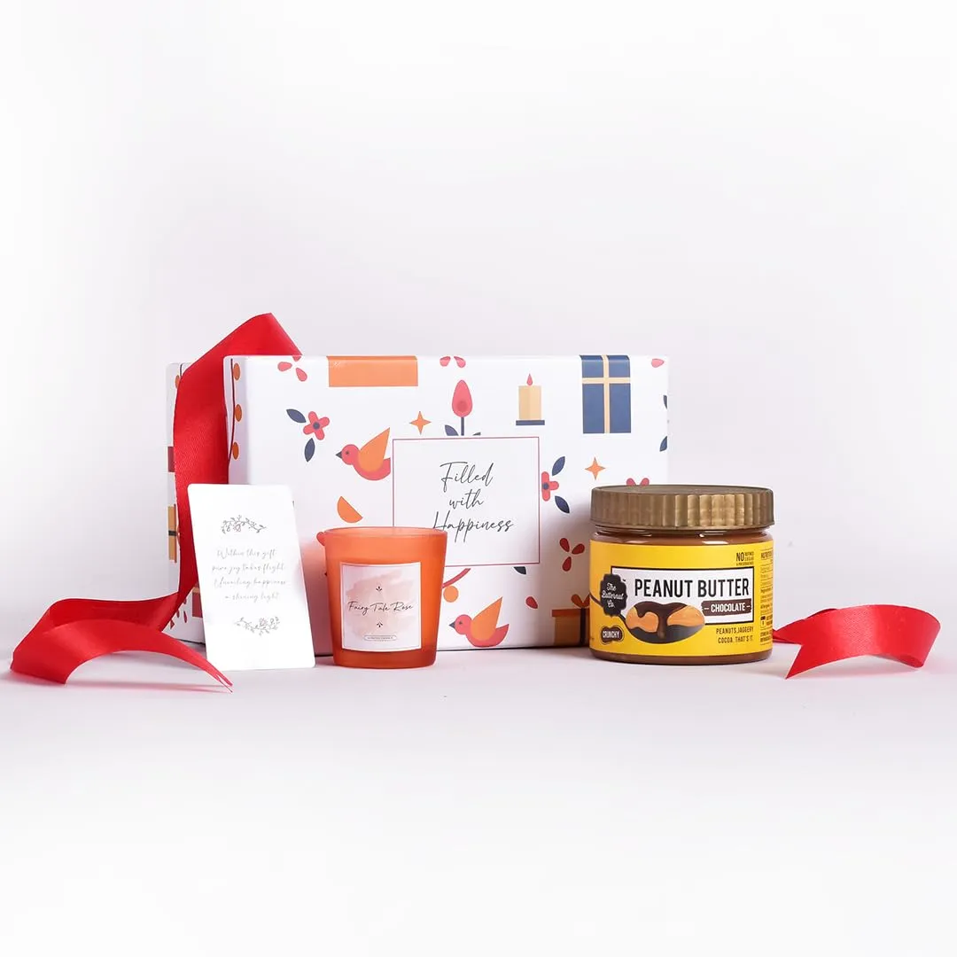 Gleevers Indulgent Delights Gift Set for Housewarming & Diwali|Gift Box of 2 with Peanut Butter(340 gm) & Candle(Fairy Tale Rose,60 gm)|Gift for Housewarming, Diwali Gift Items