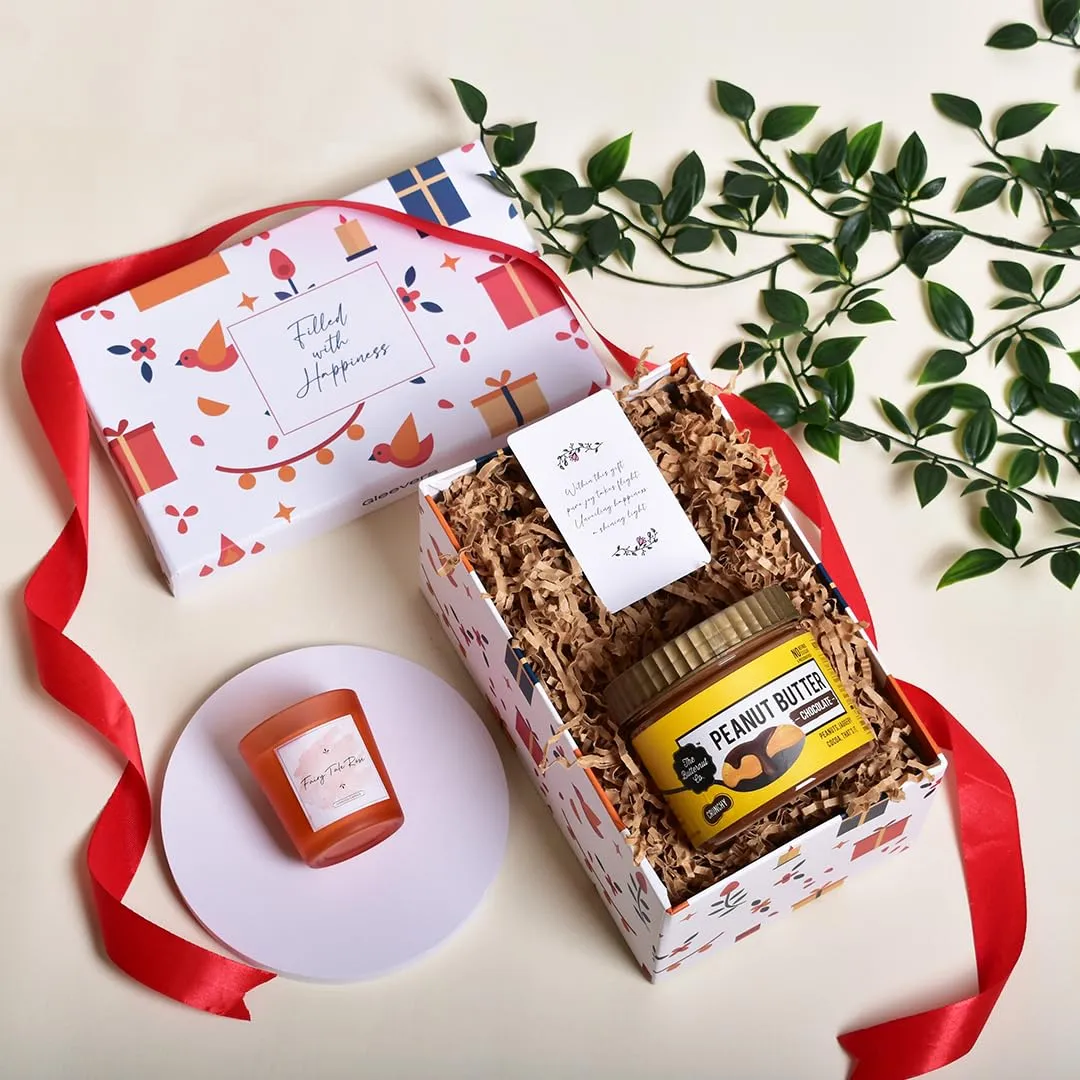 Gleevers Indulgent Delights Gift Set for Housewarming & Diwali|Gift Box of 2 with Peanut Butter(340 gm) & Candle(Fairy Tale Rose,60 gm)|Gift for Housewarming, Diwali Gift Items
