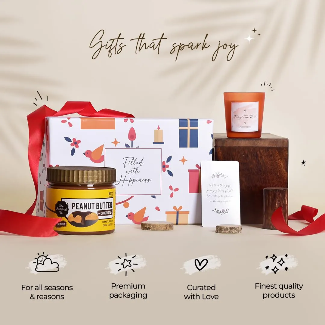 Gleevers Indulgent Delights Gift Set for Housewarming & Diwali|Gift Box of 2 with Peanut Butter(340 gm) & Candle(Fairy Tale Rose,60 gm)|Gift for Housewarming, Diwali Gift Items