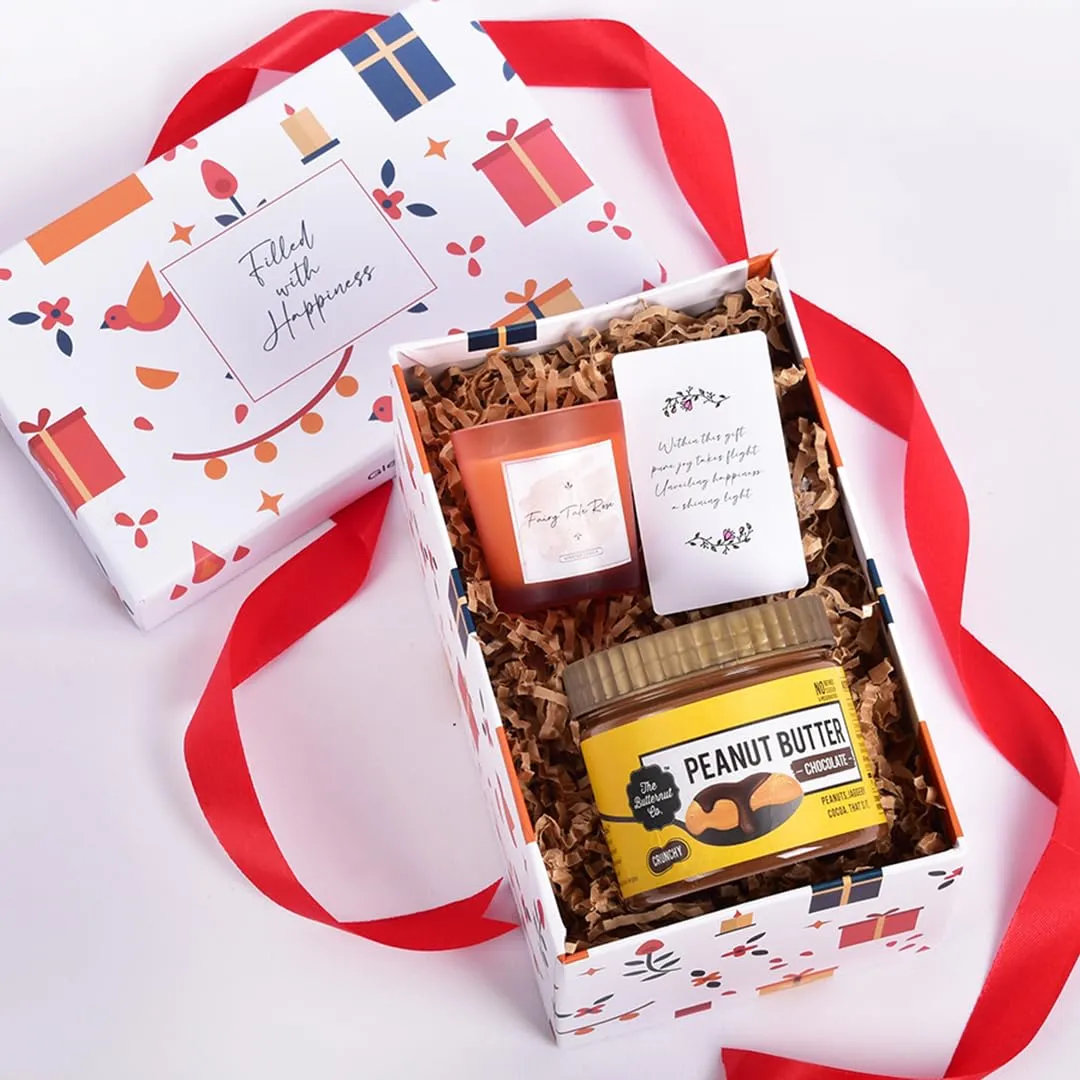 Gleevers Indulgent Delights Gift Set for Housewarming & Diwali|Gift Box of 2 with Peanut Butter(340 gm) & Candle(Fairy Tale Rose,60 gm)|Gift for Housewarming, Diwali Gift Items