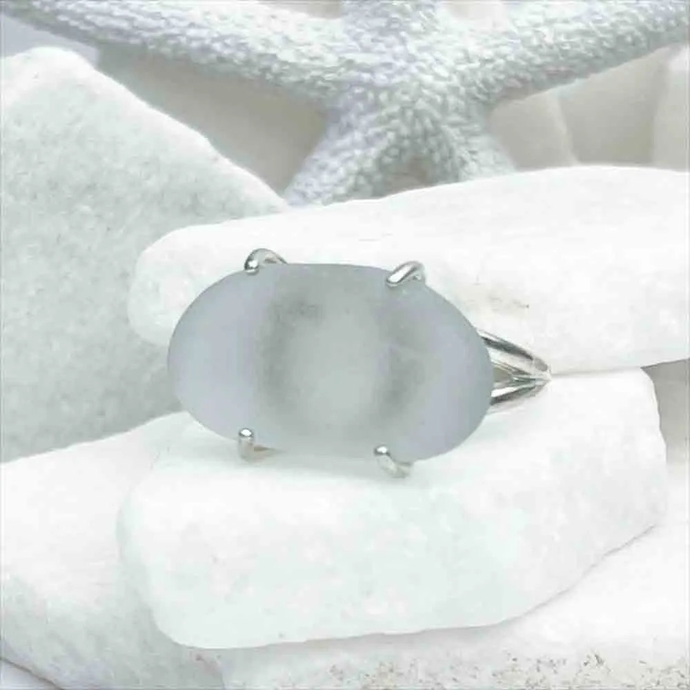 Horizontal Mist Gray Sea Glass Ring in Sterling Silver Size 8 | #1837