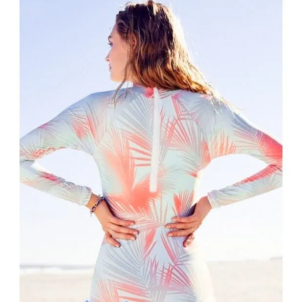 UPF Rashguard Neon Coral Palms surfsuit on cream white swimsuit sun-kissed bright orange palm leaves beach pool surf swim women modest