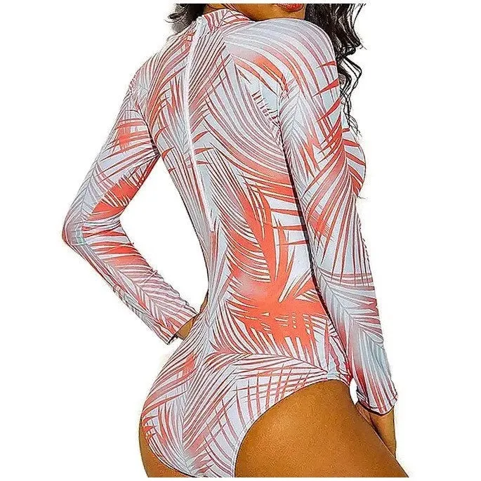 UPF Rashguard Neon Coral Palms surfsuit on cream white swimsuit sun-kissed bright orange palm leaves beach pool surf swim women modest