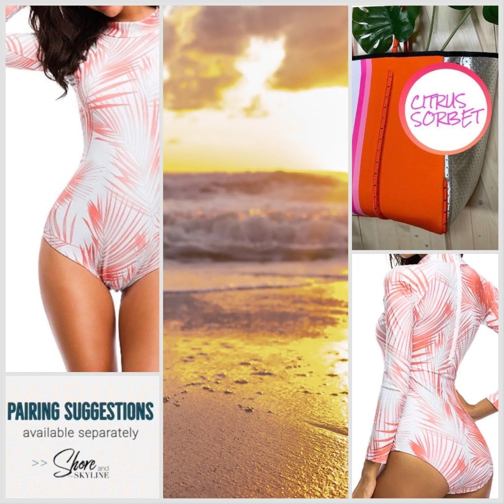 UPF Rashguard Neon Coral Palms surfsuit on cream white swimsuit sun-kissed bright orange palm leaves beach pool surf swim women modest